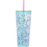 Lilly Pulitzer Double Wall Tumbler with Lid and Reusable Straw, Insulated Travel Cup Holds 24 Ounces, Soleil It On Me