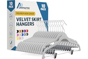 Lifemaster Velvet Skirt Hangers – with Adjustable Clips, 360 Degree Swivel Hook, and Non-Slip Shoulder Notch, Holds Up to 10 lbs, for Organizing Skirt, Pants, Dress, and Clothes, Pack of 10, White