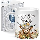 Palasarkaaa Highland Cow Garden Flowers Coffee Mug 11oz, Birthday Christmas Gifts for Cow Lovers Friends Women, Farmhouse Decor Gifts for Housewarming Thanksgiving - Life is Better with Fluffy Cows
