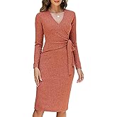 Lyrur Women's Long Sleeve Fall Dresses 2025 Trendy V Neck Tie Waist Wrap Midi Dress