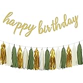 Aonor Happy Birthday Decorations - Gold Happy Birthday Banner and Paper Tassel Garland for Sage Green Birthday Party Decorations