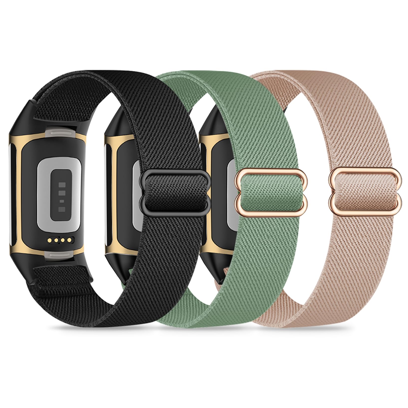 Wizvv Pack of 3 Elastic Wristbands Compatible with Fitbit Charge 5/6, Breathable, Adjustable, Stretchy Nylon Replacement Strap for Men and Women