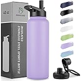 DOMICARE 40 oz Insulated Water Bottle, Vacuum Insulated Stainless Steel Sports Water Bottle with Straw Lid & Spout Lid, Leakproof, Reusable - Travel, Camping, Bike, Purple