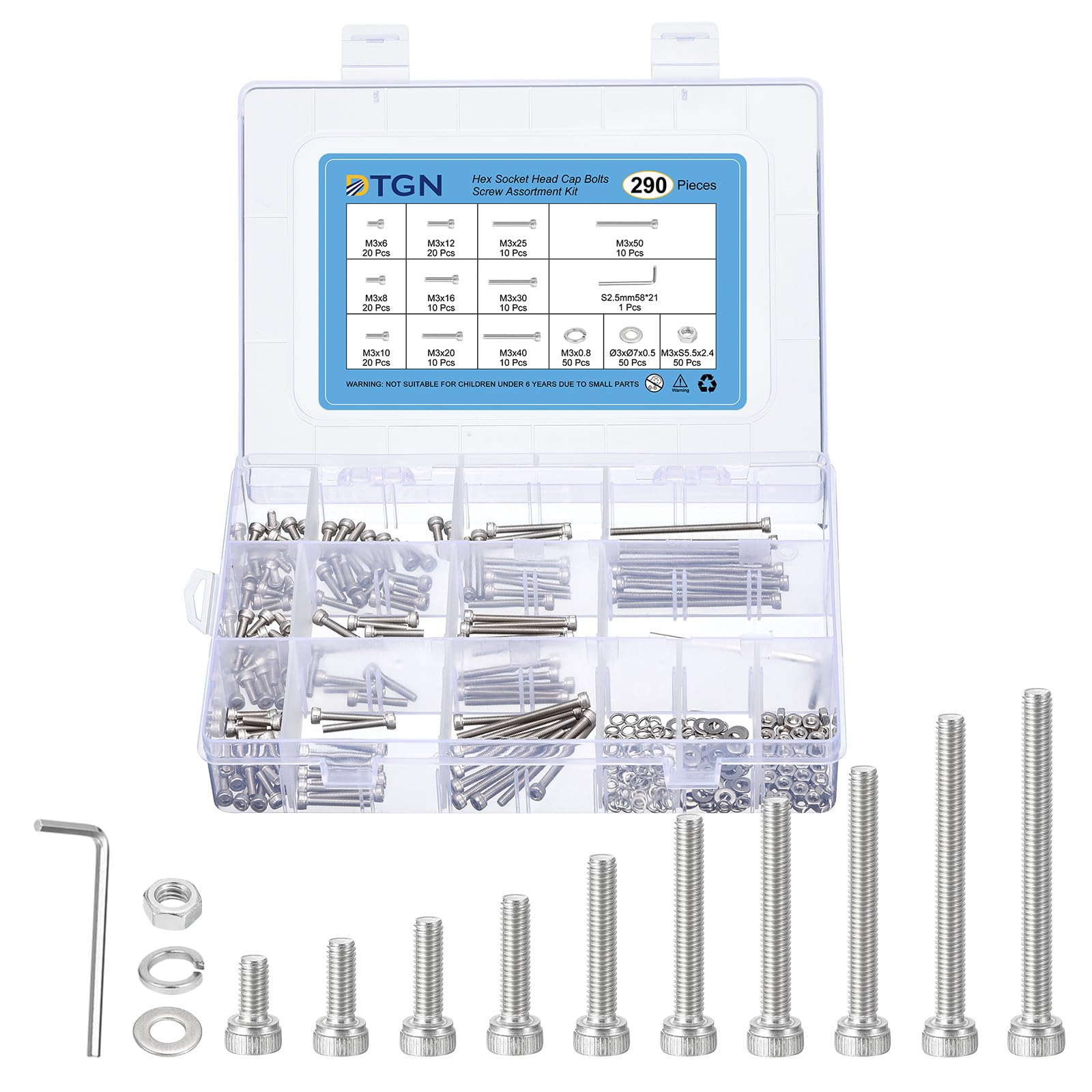 DTGN 290Pcs M3 Metric Screw Assortment, Bolts and Nuts Kit, 304 Stainless Steel M3x6/8/10/12/16/20/25/30/40/50mm Hex Socket Head Cap Screws Bolt Set With Wrench, Washers