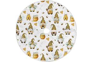 Spring Gnomes Bee Tree Skirt 36" Yellow Honey Flowers Dwarf Christmas Tree Skirts Rustic Farmhouse Xmas Mat for Holiday Festi