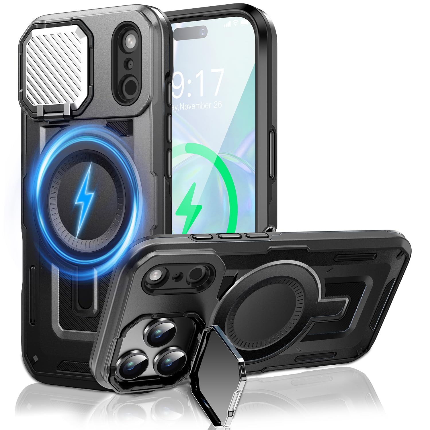WASTROYAL Camera Stand Case for iPhone 17 Pro, [Compatible with MagSafe] [Lens Cover] 2025 Version Military Grade Protective Soft Case for iPhone 17 Pro 6.3 inch Men Women, Black