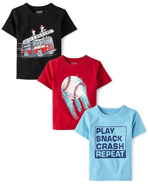 The Children's Place,Baby Boys,and Toddler Assorted Everyday Short Sleeve Graphic T-Shirts,Multipacks,Play Repeat/Firetruck/Baseball 3-Pack,4 Years