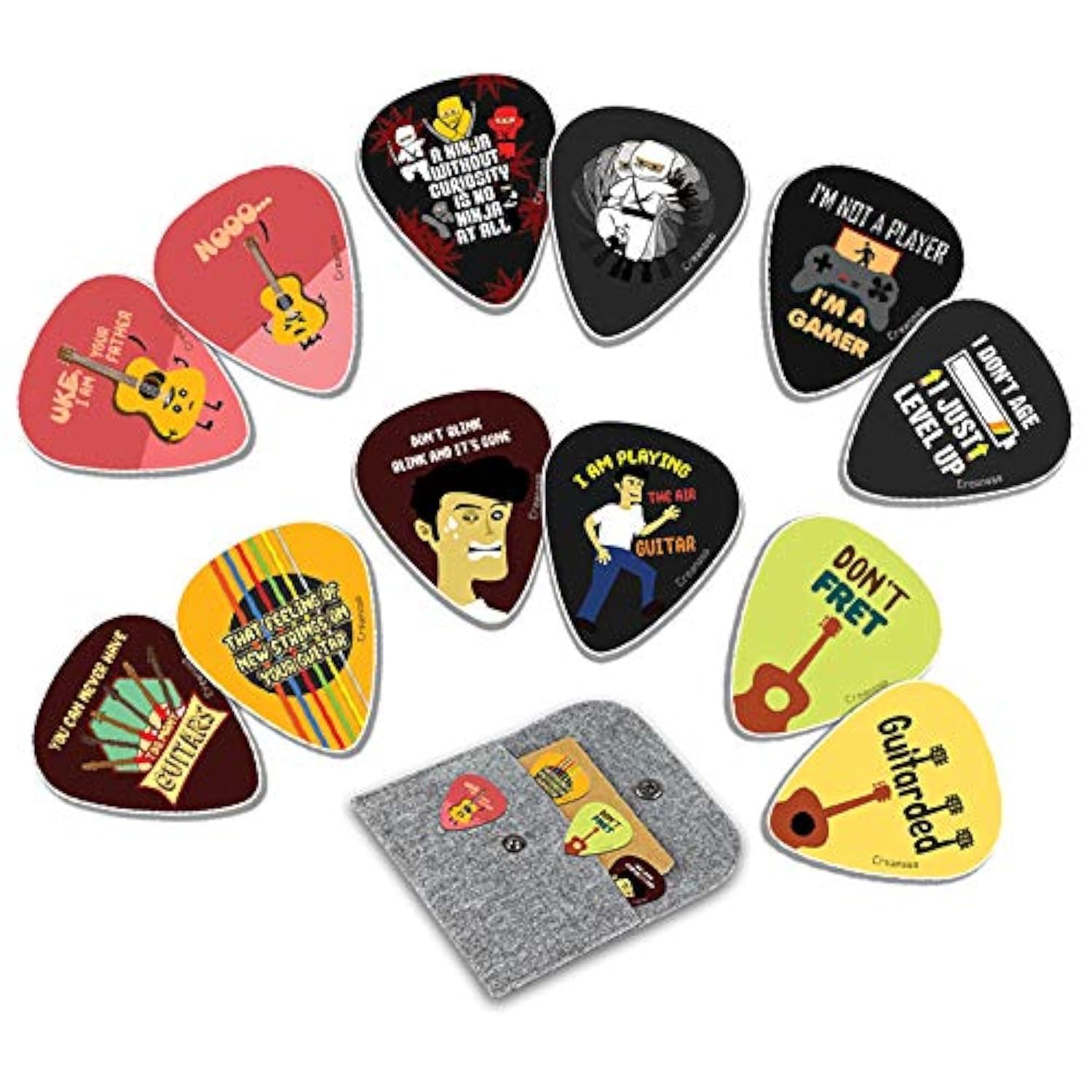 Creanoso Fun Guitar Picks Plectrum (12-Pack) - Music Gifts & Guitar Accessories for Husband Dad Boys Son Men Him Boyfriend Musician Gift – Cool Guitar Plectrums & Tools – For Electric & Bass Guitars