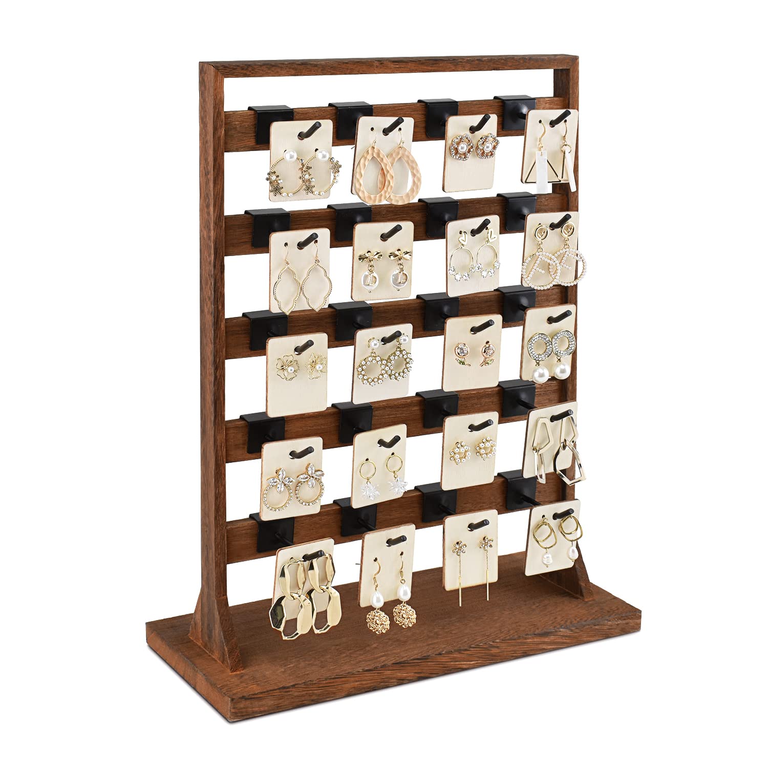 Ikee Design 5 Tiers Wooden Jewelry Display Rack with 20 Removable Metal Hooks,Earring Card Display Stand,Jewelry Organizer,Bracelet Organizer,Keychain Stand,Brown Color