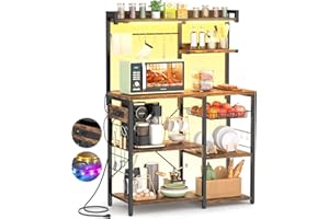 Cyclysio Bakers Rack with Power Outlet and LED Light, 6-Tier Microwave Stand Storage with Wire Basket, Coffee Bar Cabinet wit