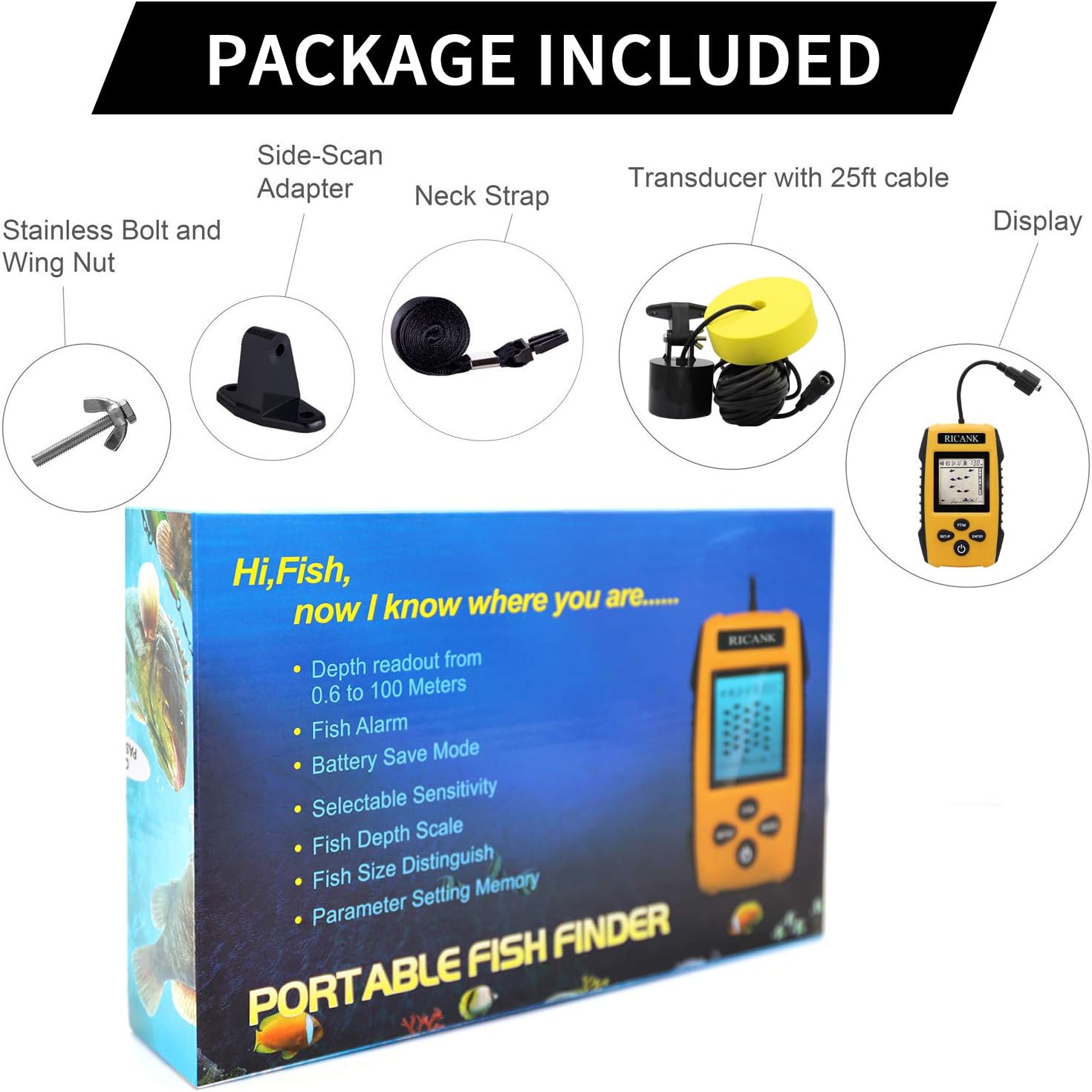 RICANK Portable Fish Finder, Handheld Wired Fish Depth Finder Ice Kayak Fishfinder Shore Boat Fishing Fish Detector Device with Sonar Sensor Transducer and LCD Display Gear Fish Depth Finder Yellow: Sports & Outdoors