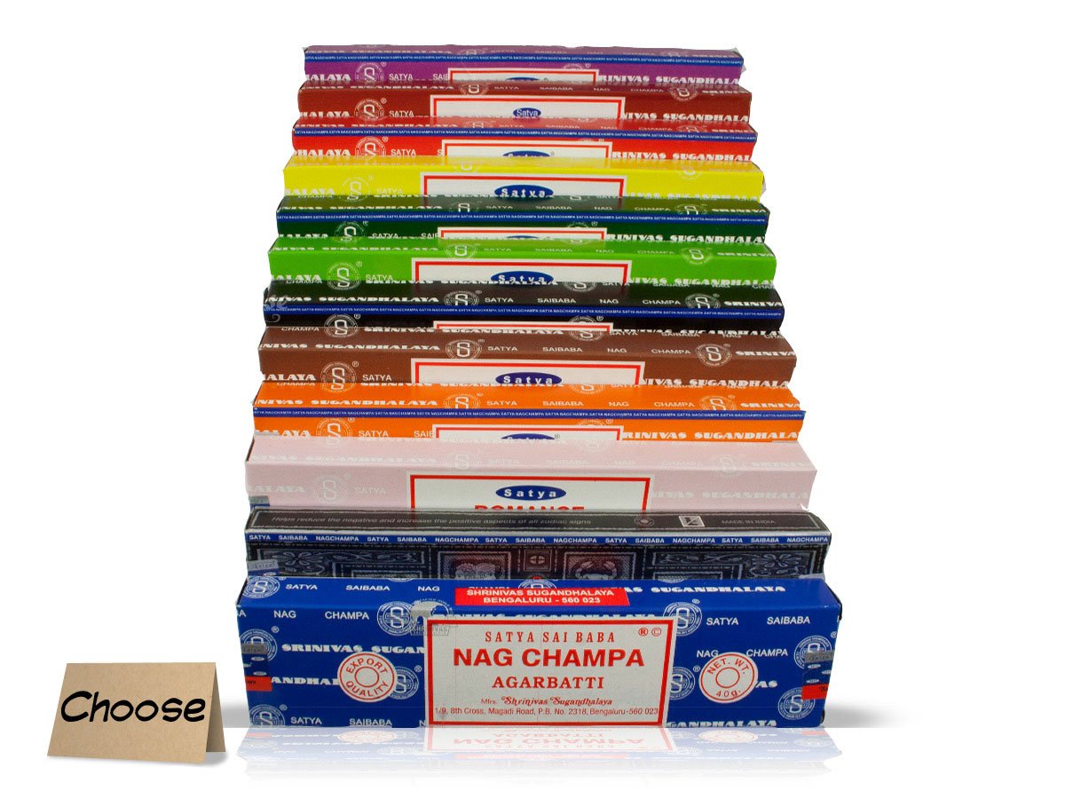 Satya Genuine SAI BABA - NAG CHAMPA VARIETY MIX 12 X 15G BOXES OF INCENSE, INCLUDES NAG CHAMPA, ROSE,WHITE SAGE, PATCHOULI, SANDALWOOD, TULSI, LAVENDER, MUSK, OPIUM, JASMINE BLOSSOM, CHMPA AND VANILA