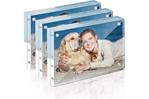TWING 3 Pack 4 x 6 Acrylic Frame,Acrylic Picture Frames Horizontal Magnet Double Sided 4x6 Picture Frame,10+10MM Thick Clear Frameless Desktop Display Magnetic Block Photo Frame Gift Ideal
