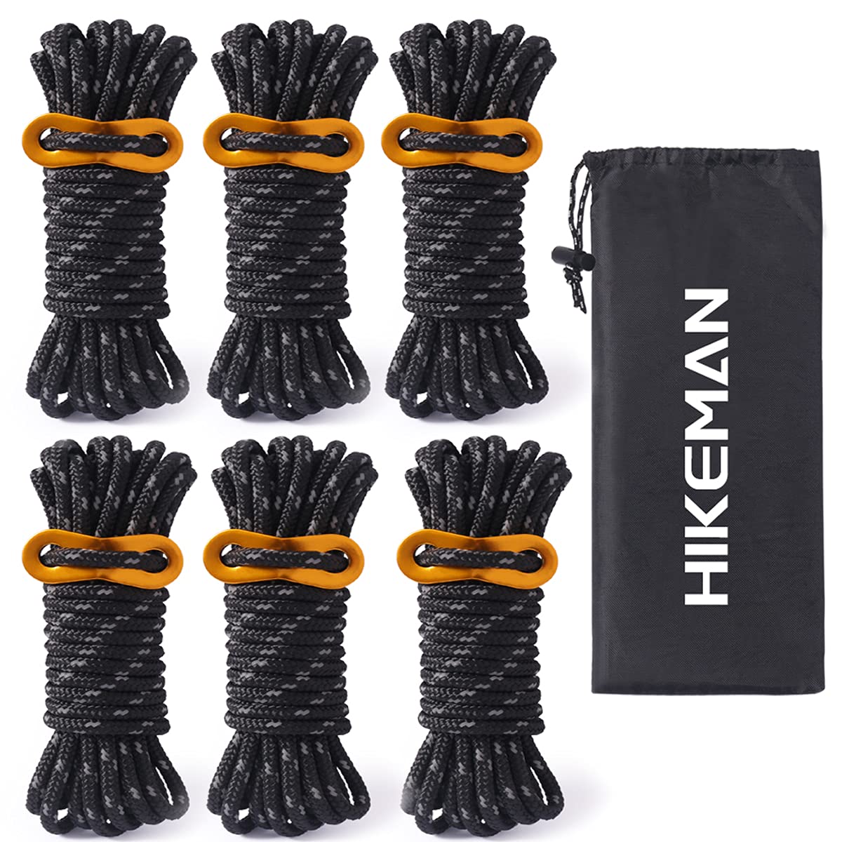 6pcs Reflective Tent Guy Ropes - 5mm Tent Guy Line Heavy Duty Guide Rope with Tensioner Adjuster for Outdoor Camping Hiking Awning Tarp Tents (Black)