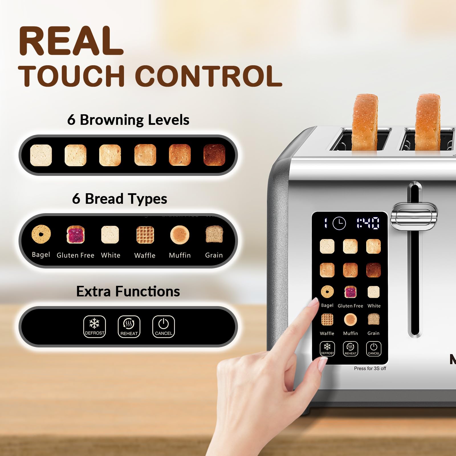 Mecity Tostadora de 4 Rebanadas con Control de Pantalla Táctil, 4 Ranuras Anchas, Tostadora de Pan Inteligente de Acero Inoxidable para Bagels, Muffins, Waffles, Panel de Control Dual, Temporizador, Descongelar, Recalentar, 120V 1650W, Gris Perla