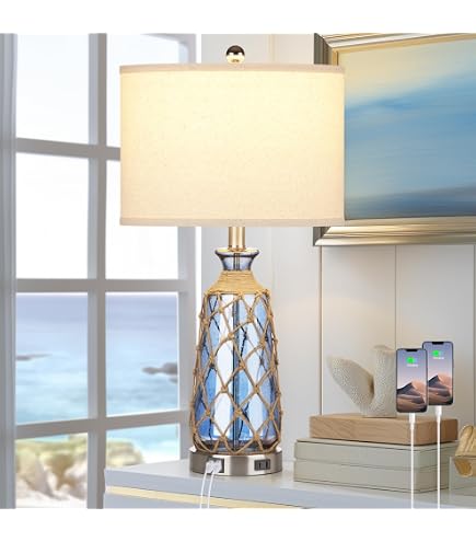 26 Inch Coastal Glass Table Lamp Single, 3-Way Dimmable Touch Control