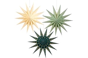 EASY JOY 3Pcs 14-Pointed 18 Inch Paper Star Decorations Christmas Party Decorations Sage Green Yellow Hanging Star Decoration Hanging Lamp Shade for Christmas Home New Year Party
