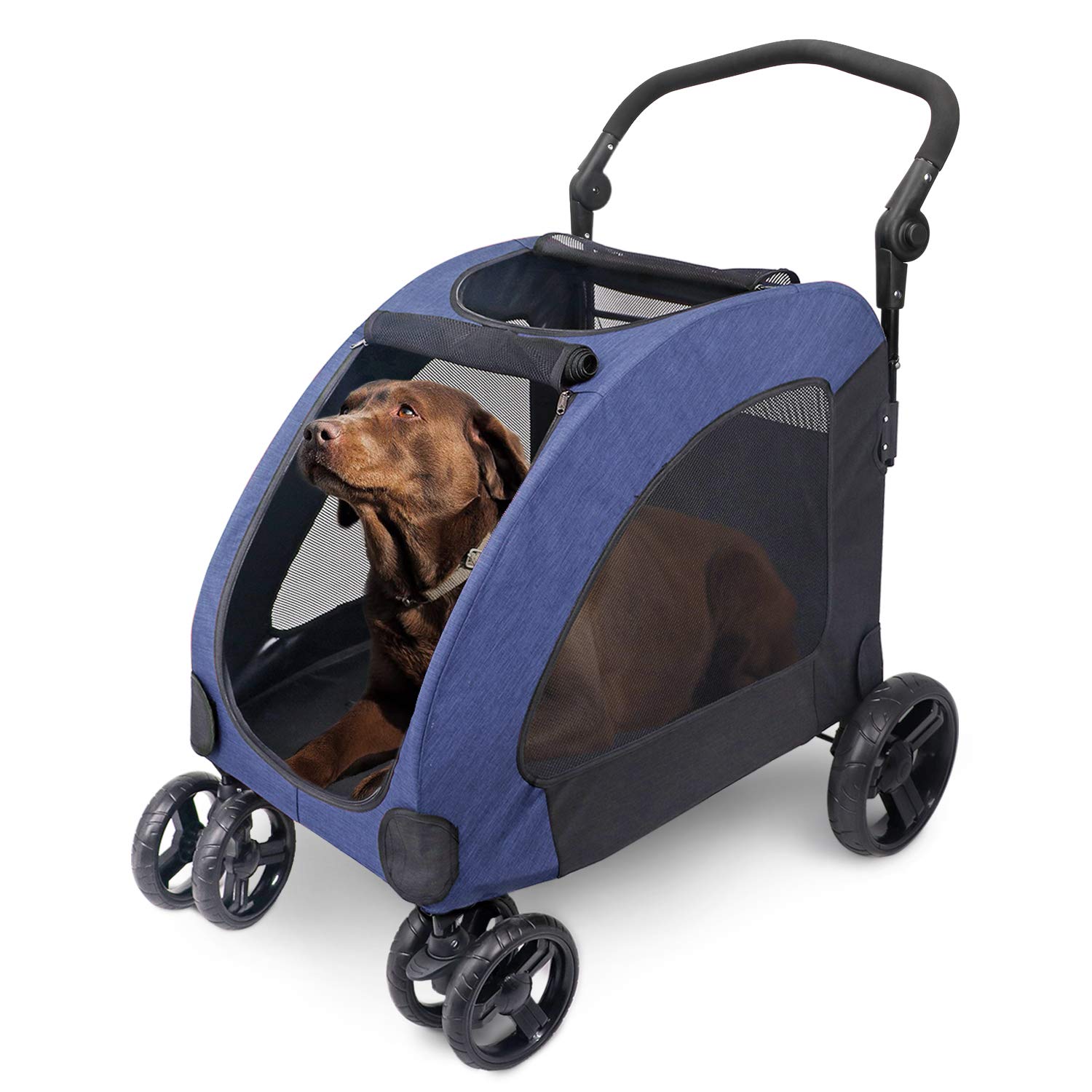 Pet Four-Wheeled Stroller Dog Trolley Cat Carts Foldable for Medium Large Dogs Outgoing (Blue)