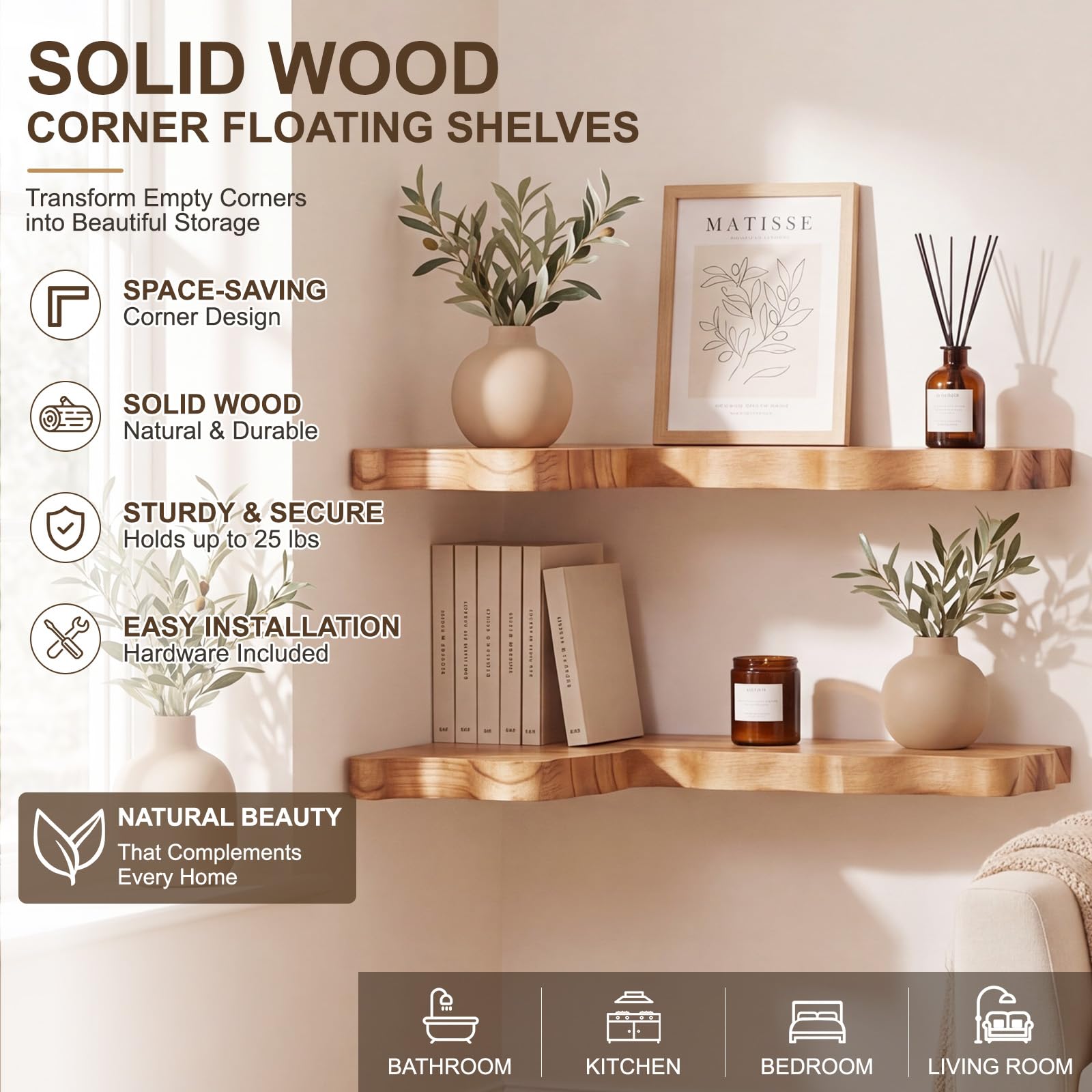 Condition photo showing As Is for sliner 2 pack solid wood corner floating shelves, 16 x 12 inches, irregular edge rustic wall mounted