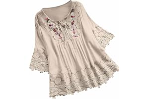SEAOPEN Linen Tops for Women 2025 Trendy Boho Shirt Vintage Lace Tie V Neck Embroidered Tunics Summer 3/4 Sleeve Blouses