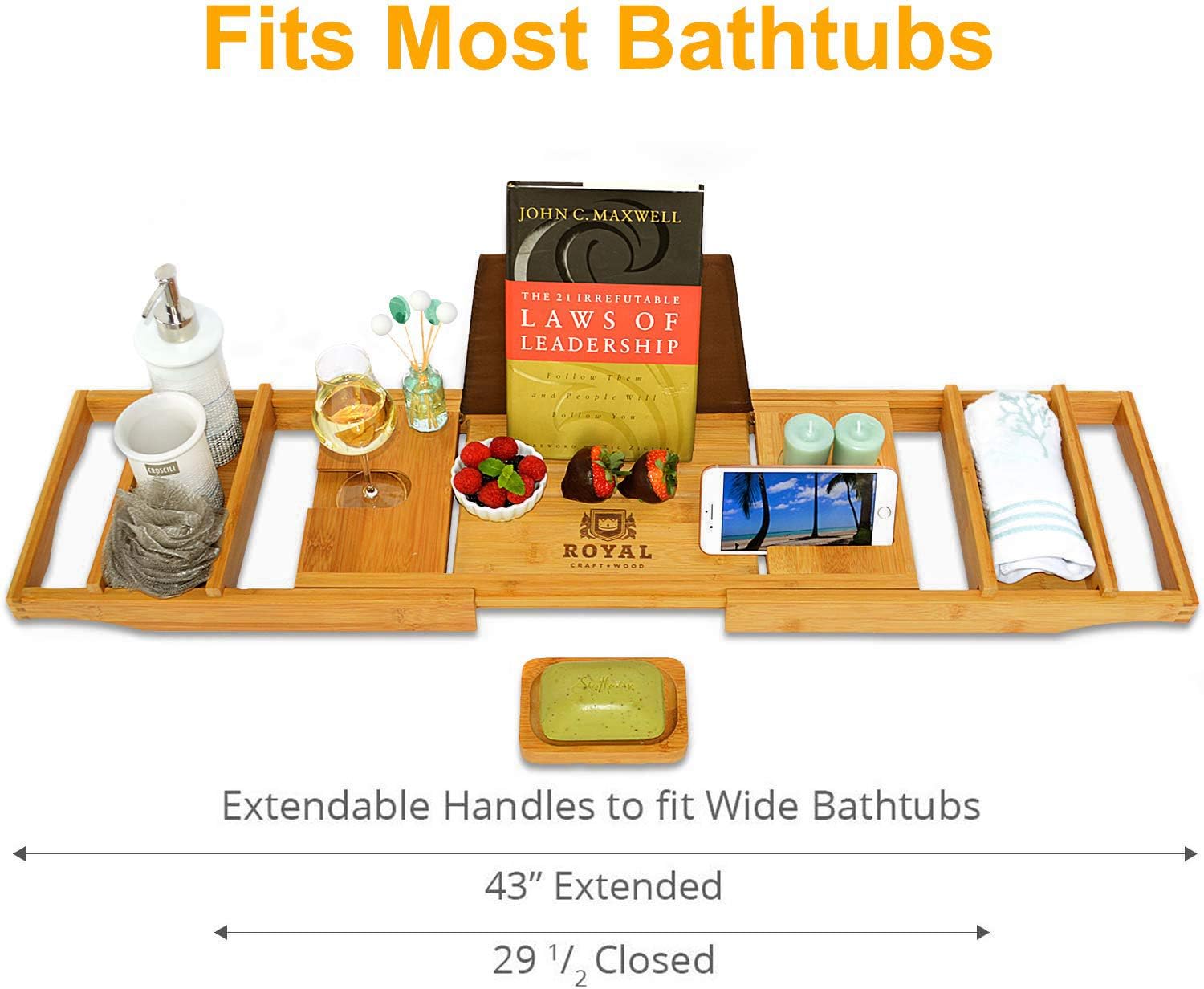 ROYAL CRAFT WOOD Luxury Bathtub Caddy Tray, One or Two Person Bath and Bed Tray, Bonus Free Soap Holder (Natural): Home & Kitchen