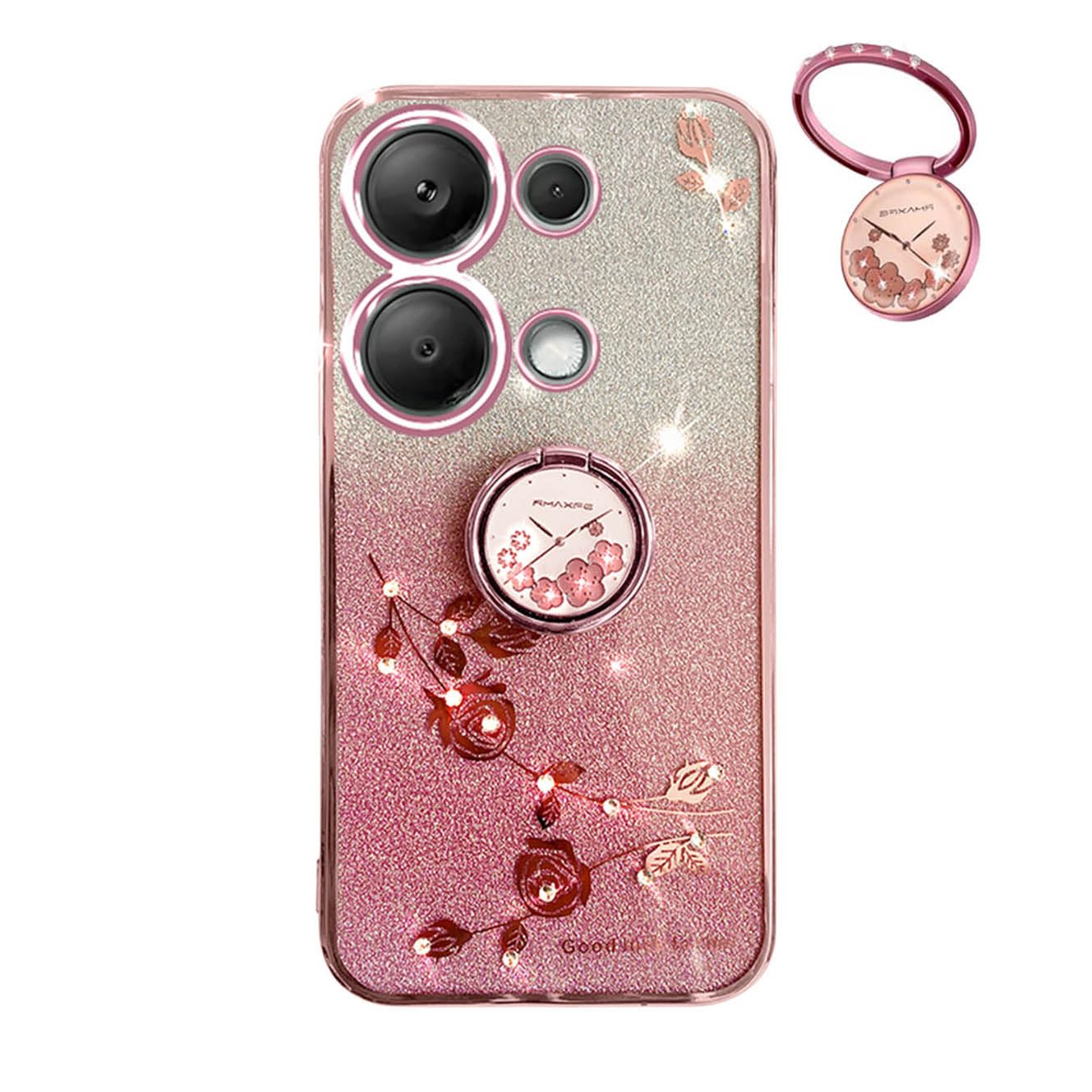 YUECXIN Glitter Case for Xiaomi Redmi Note 13 4G, Bling Shiny diamond Sparkle Design Women Girls Cover, Ultra Thin Shockproof Flowers Ring Stand Soft Transparent Case, Pink