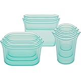 Zip Top Reusable 100% Silicone Food Storage Bags and Containers, Made in the USA - Full Set- 3 Cups, 3 Dishes & 2 Bags - Teal