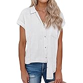 siliteelon Linen Shirts for Women Button Down Shirts Short Sleeve Cotton Collared V Neck Solid Casual Blouses with Pocket