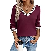 Dokotoo Womens Sweaters Casual V Neck Long Sleeve Contrast Knit Pullover Sweater Solid Fall Outfits Tops