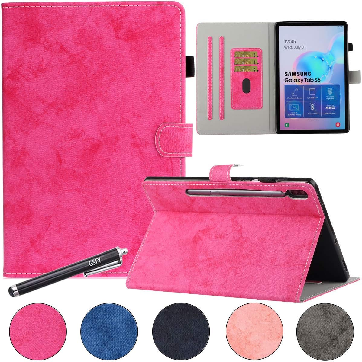 Galaxy Tab S6 10.5 2019 Case, GSFY Anti-Slip Stylish Wallet Folding Stand Cover with S Pen Holder for Samsung Galaxy Tab S6 10.5 Inch (SM-T860/T865/T867) Tablet, DC-Rose