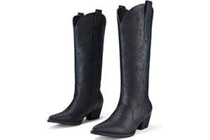 Rollda Cowboy Boots for Women Cowgirl Boots Embroidered Knee-High Western Boots Pointy Toe with Chunky Heel