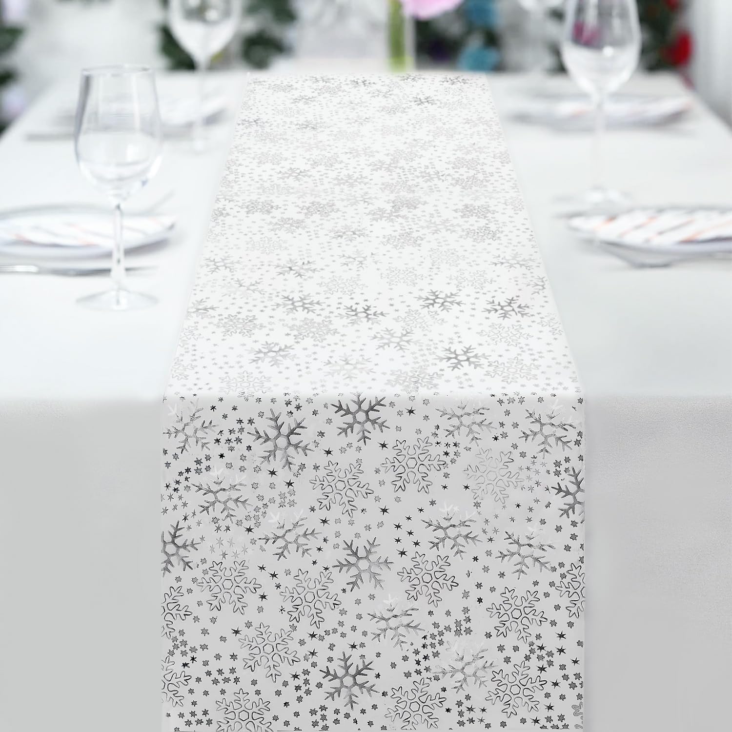 Lemicin Silver Christmas Table Runners - Snowflake Table Runner Shiny Netting Foil Christmas Dinner Table Decorations for Seasonal Winter Xmas Kitchen Holiday Party 14 x 72 inch