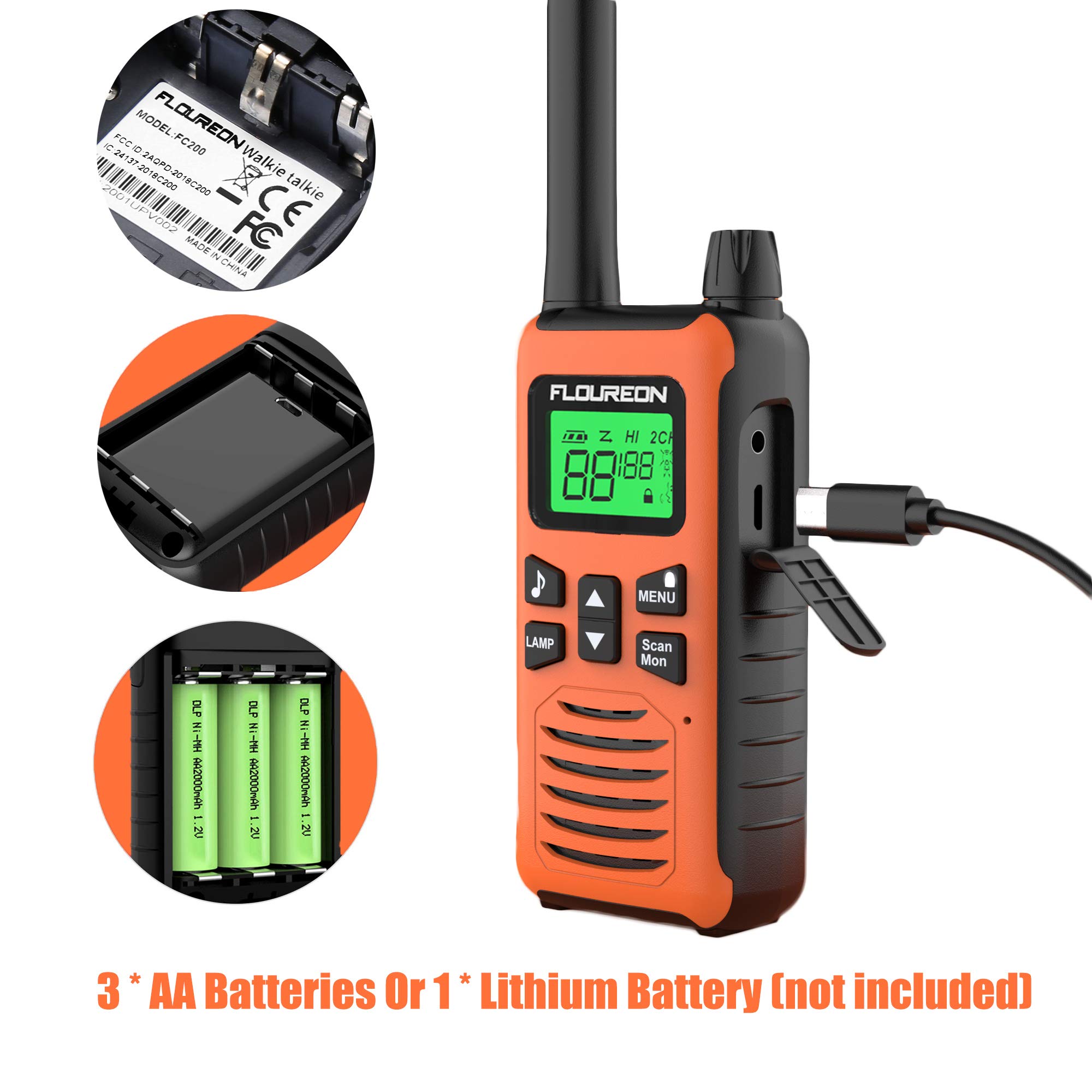 Walkie Talkies, FLOUREON 2 Pack 5KM Rango de 16 Canales, Radio de 2 vías con Pantalla LCD para Supermercado/Hogar/Actividad de Interior o al Aire Libre (Naranja)