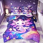 Erosebridal Axolotl Comforter 7 Pieces Bed in A Bag Twin Size for Kids Boys Girls,Galaxy Planet Space Bedding Set Cartoon Animal Sheet Set Purple Dreamy Starry Fitted Sheet
