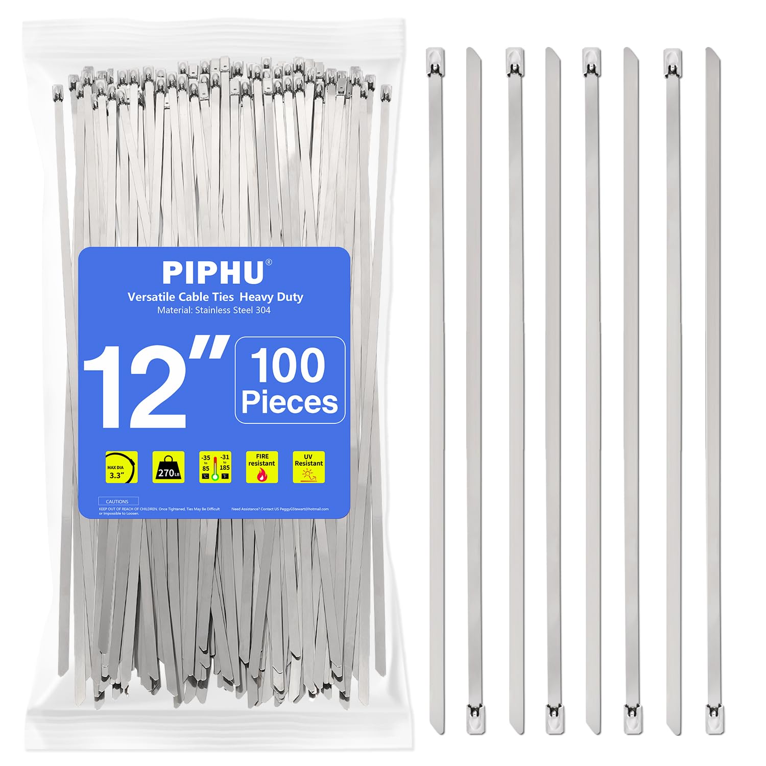 100 Pack Metal Zip Ties 12 Inch 4.6mm UV Resistant Stainless Steel Metal Cable Ties 304 Heavy Duty Zip Ties Wide Load Capacity 270 lbs Suitable for Exhaust Wrapping Fence Outdoor Canopy