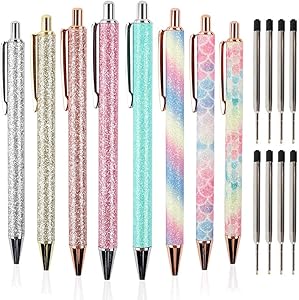 8pcs Gifts Ballpoint Pens for Women, Glitter Rose Gold Click Ball Pens, Metal Retractable Pen, Black Ink Medium Point 1mm, School and Office Supplies, Business