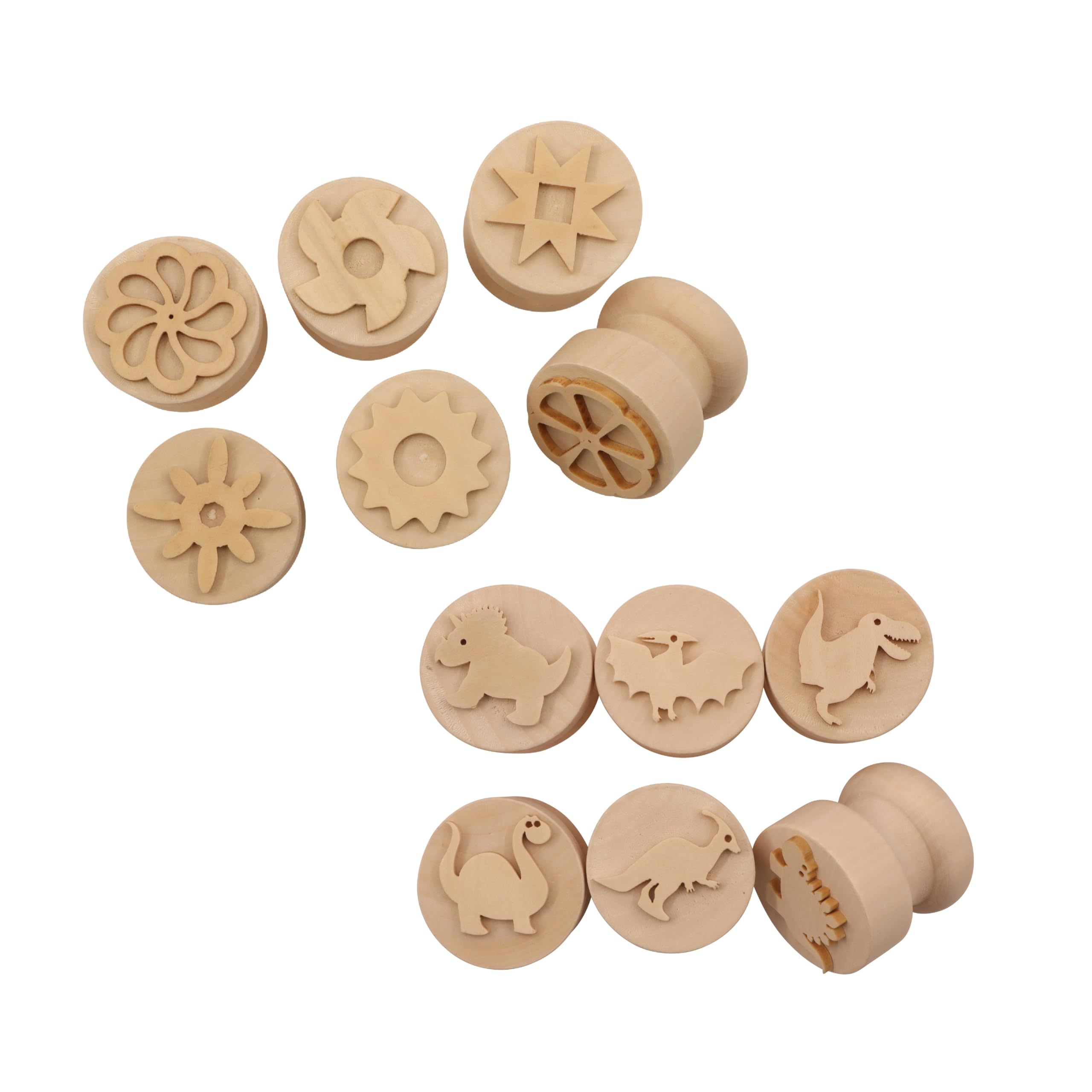 Modelling Tools | Wooden Modelling Dough stampers | Dinosaur & Patterned | Pack of 12 stampers