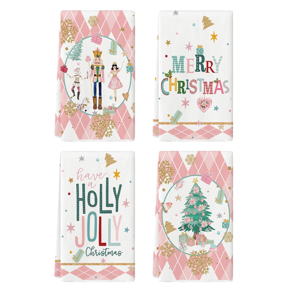 Photo 1 of Artoid Mode Pink Nutcrackers Tree Holly Jolly Merry Christmas Kitchen Towels Dish Towels, 18x26 Inch Seasonal Winter Xmas Decoration Hand Towels Set of 4