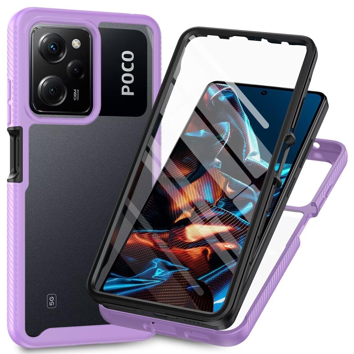 Lvnarery For Xiaomi Redmi Note 12 Pro 5G Case Built-in Screen Protector 360 Degree Full Body Shockproof Protection Cover Bumper Transparent Back Phone Case Shockproof Slim Fit Cover Purple