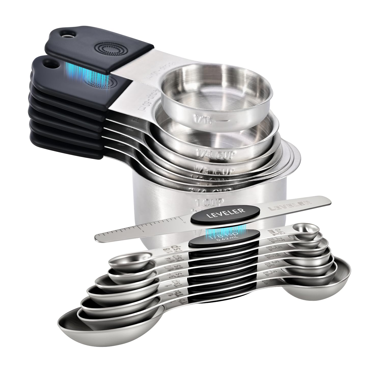 Photo 1 of 16-Piece Magnetic Measuring Cups and Spoons Set, Stainless Steel with Non-Slip Silicone Handles and Leveler, Essential Kitchen Baking Tools (Black)