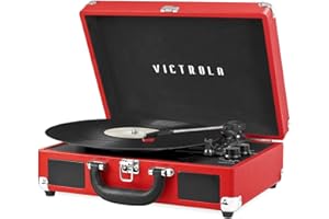Victrola Journey Bluetooth Portable Suitcase Record Player – with Built-in Speakers, 3 Speed Vinyl Record Player, RCA Out, Headphone Jack (Red)