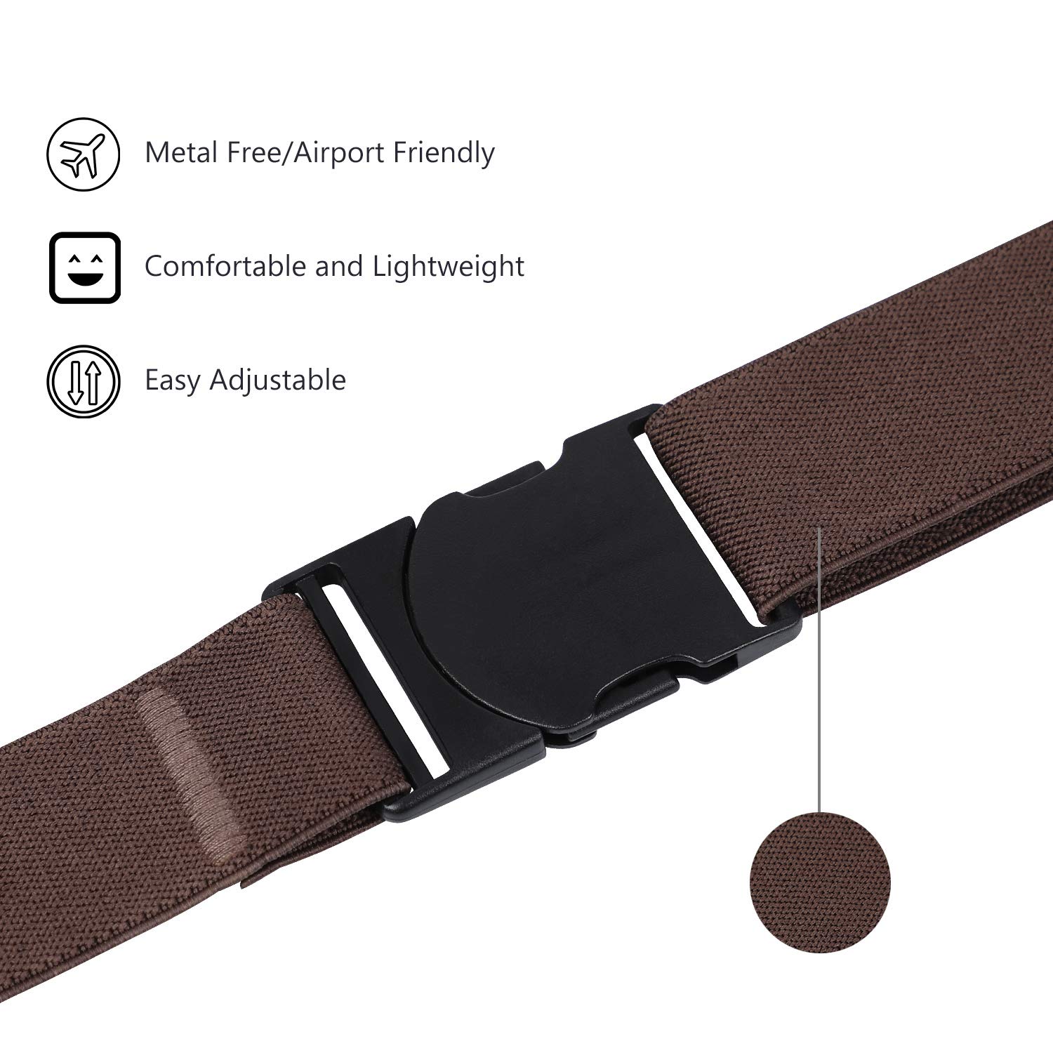 LEACOOLKEY Nickle Free Metal Free Belt, No Show Mens Stretch Belts - Elastic Webbing Belt with Flat Plastic Buckle, Travel Friendly Men Belt(Coffee, Pants Size Below 34 Inches)