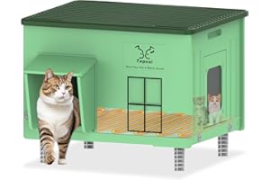 Tepoal Large Plastic Heated Cat House for Outside, Elevated Outdoor Cat Shelter 100% Weatherproof & Insulated with Safe Escape Door, Outdoor Cats House with Heated for Barn Cats Green 21.6"X17"X17.5"