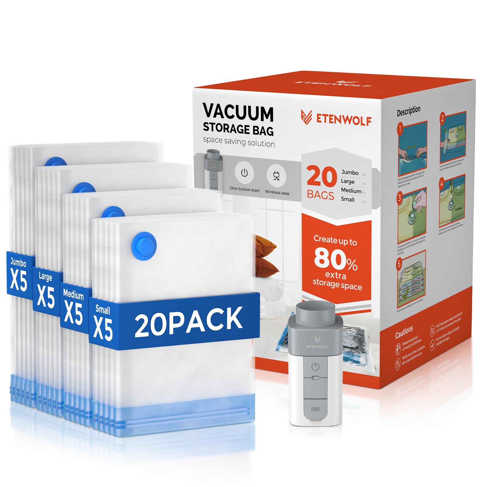 Photo 1 of ***** Factory sealed********ETENWOLF 20 Pack Vacuum Storage Bags with Rechargeable Wireless Pump, Vacuum Seal Bags for Clothes and Travel, Space Saver Bags in Multiple Carry-On Sizes, Perfect for Luggage and Suitcases