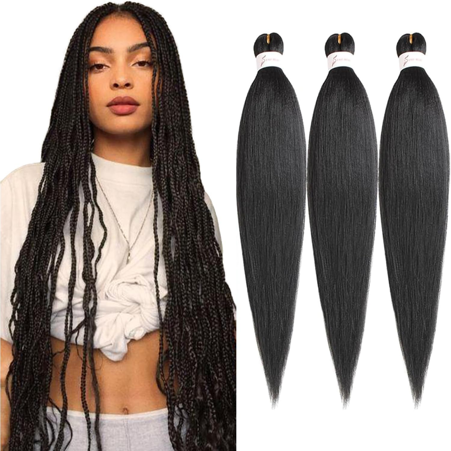 Xtrend 26 Inch EZ Braid 3 Packs Black Long Pre Stretched Braiding Hair Yaki Texture Braiding Hair for Crochet Hair Braids Hot Water Setting Synthetic Fiber Hair Extensions(3Packs,1B#) — image 1