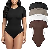 Dalavch 1/4 Pack Short Sleeve Bodysuit for Women Crew Neck Stretchy Casual Basic Fitted Body Suits T Shirt Tops
