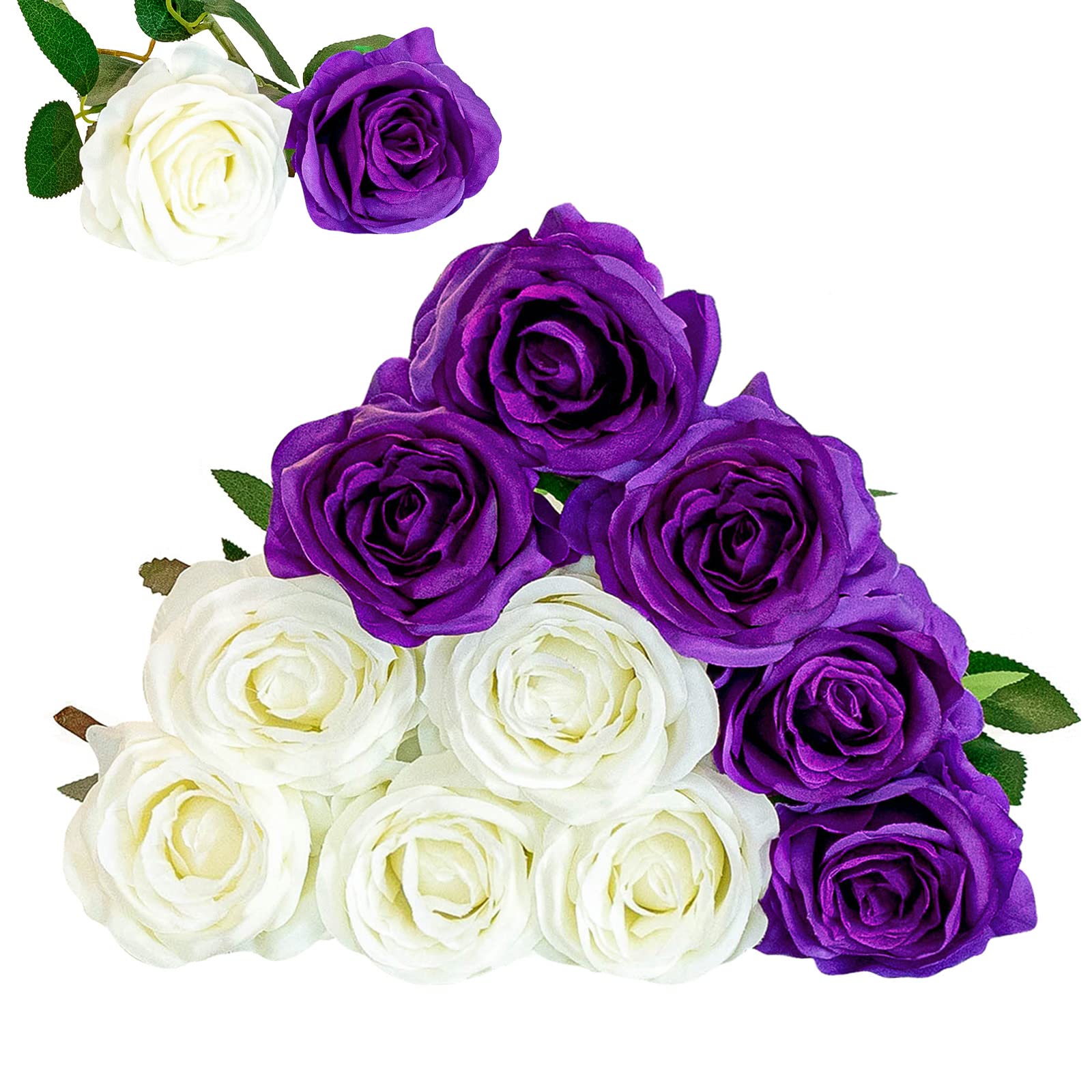 Floralsecret 13 Pcs Artificial Silk Rose Flower Bouquet Faux Flowers(White&purple) — image 1