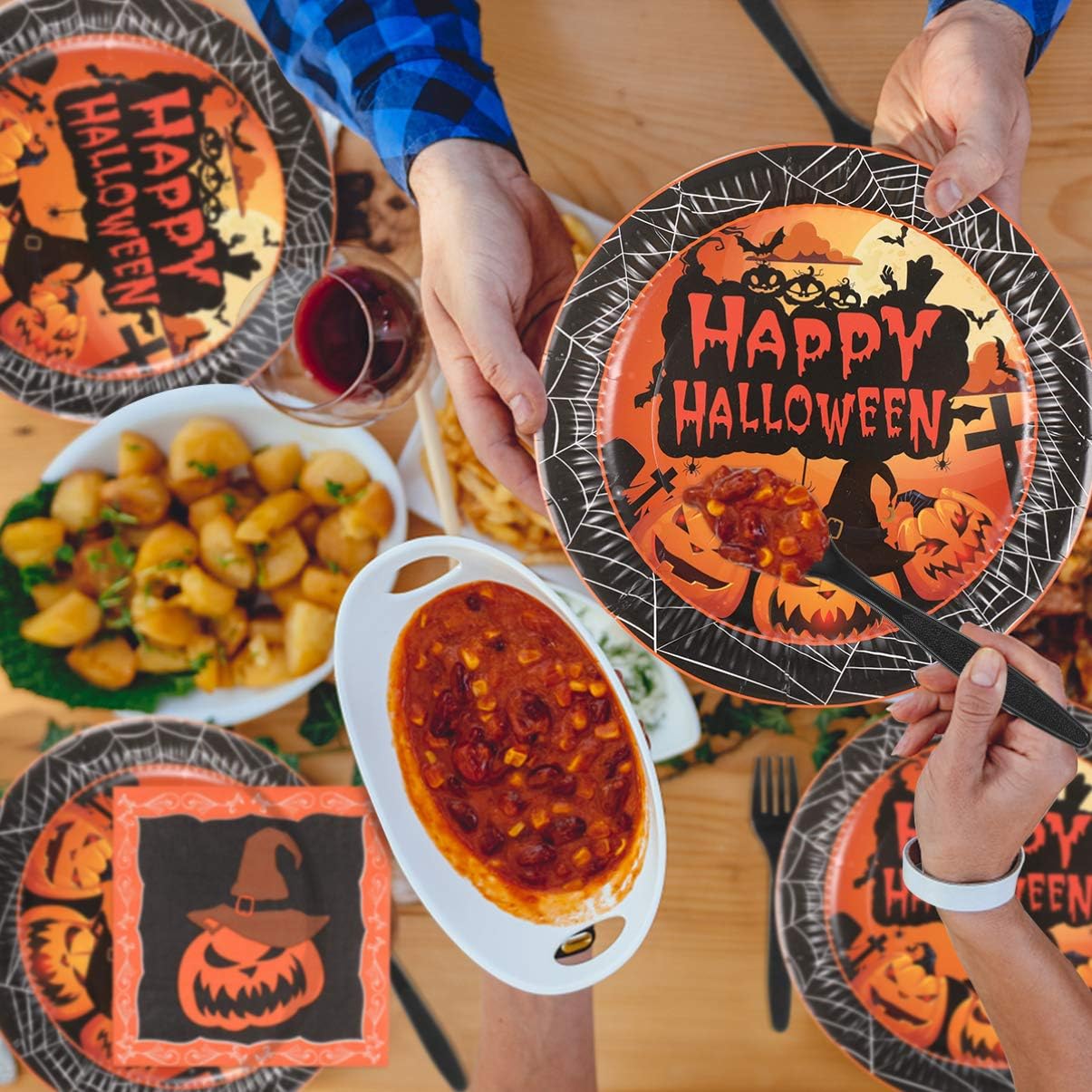YARNOW Halloween Tableware and Decorations, 24 Guest - Pumpkin Pattern Halloween Plates, Party Cups, Napkins, Tablecloths, Serving Trays, Knives, Forks, Spoons (Orange): Kitchen & Dining