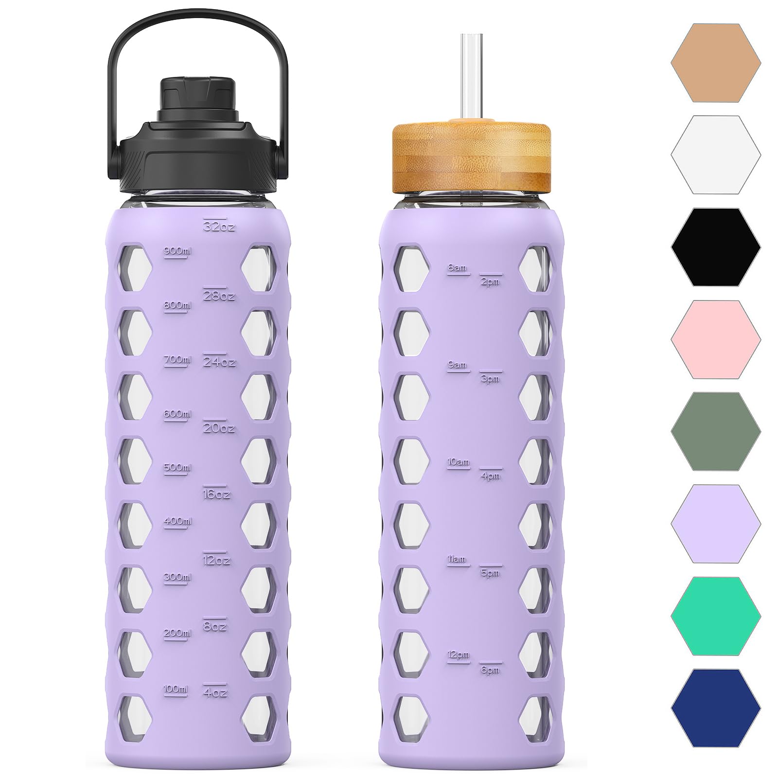 HYDRAGLAZIC 950ML Glass Water Bottle with 2 Flip and Bamboo Straw Lids Sports Water Tumbler with Time Reminder and Silicone Sleeve Leak-proof BPA Free, Purple