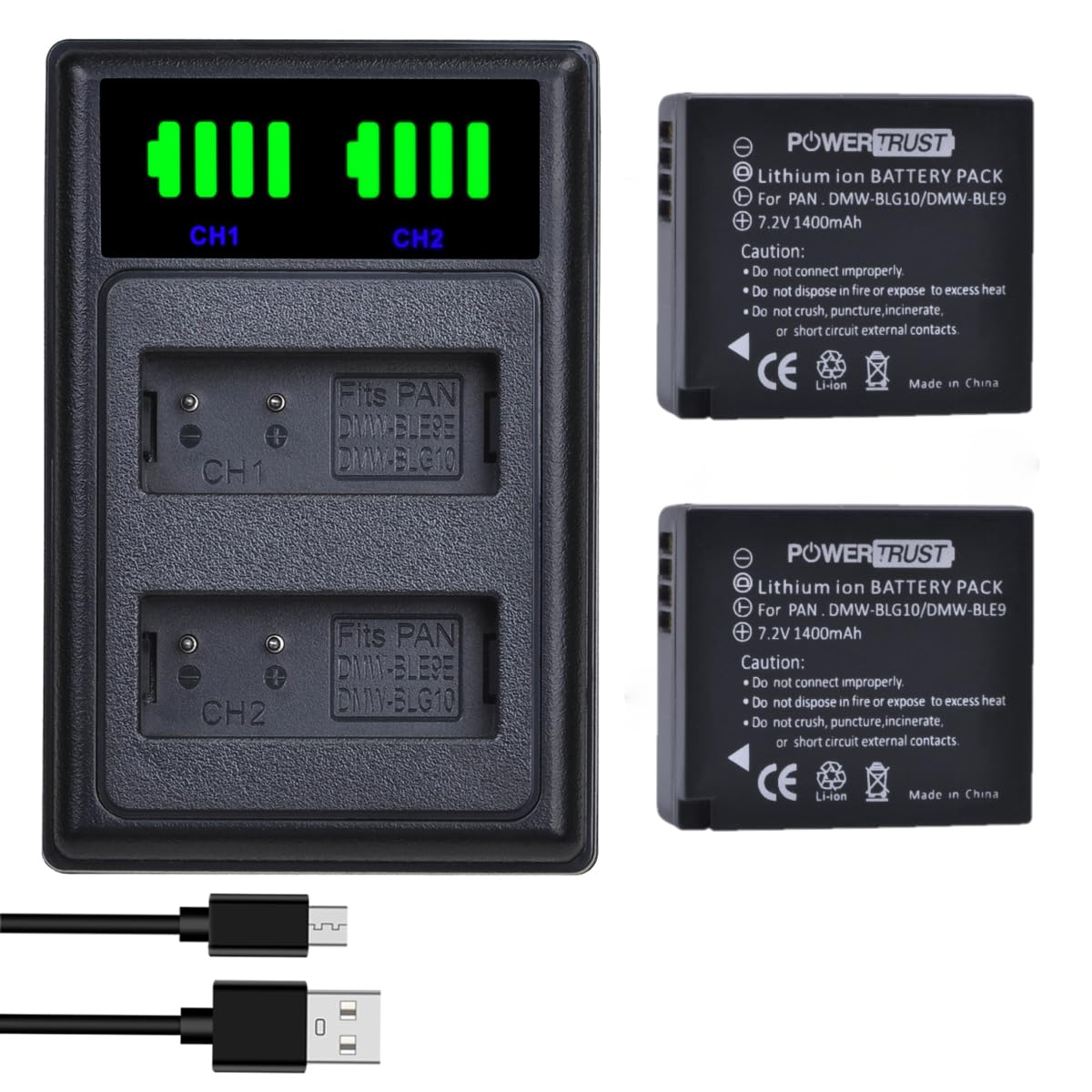 PowerTrust 2Pcs DMW-BLG10 DMW-BLG10E DMW-BLE9 Battery with Charger for Panasonic Lumix DMC-GX7 DMC-TZ100 DMC-LX100 DC-G100 DMC-GF3 DMC-GF6 DC-TZ200 DC-TZ95 DC-GX9 DMC-GX80 DMC-TZ80